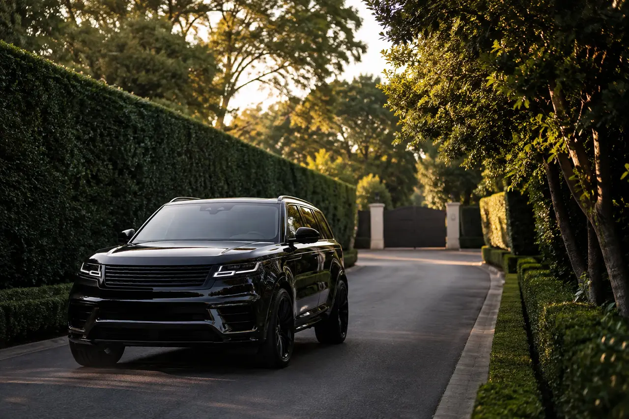 Luxury SUV on a private, tree-lined Atherton residential approach