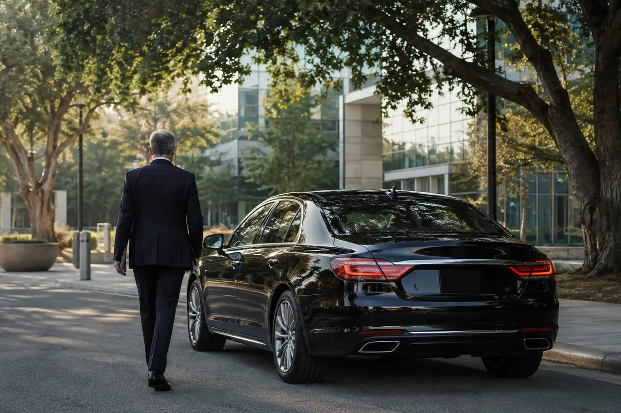 Executive sedan waiting outside a tree-lined Silicon Valley corporate campus