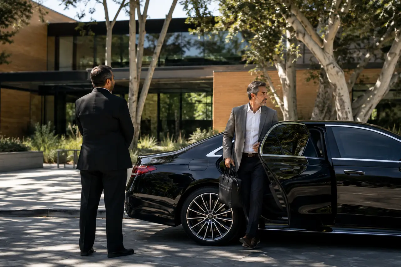 Chauffeur and business traveler beside a black sedan outside an executive office