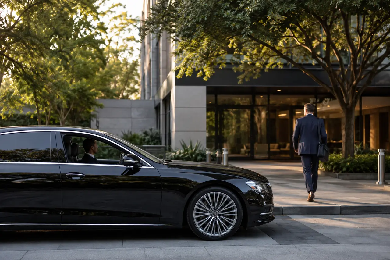 Executive sedan waiting outside a Palo Alto office as a business traveler arrives