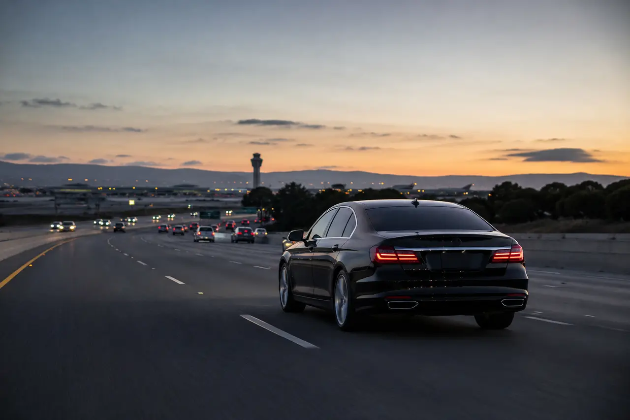Executive sedan approaching an airport on a Bay Area freeway at sunset