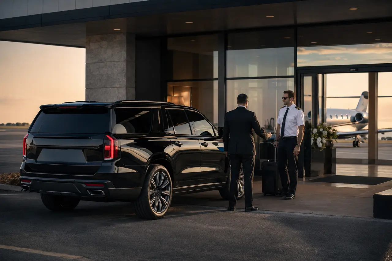 Executive SUV and chauffeur outside a private aviation terminal with a jet beyond