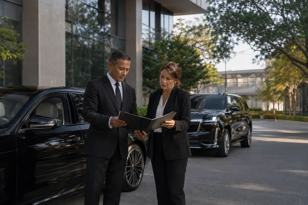 Corporate team reviewing a multi-stop route beside executive vehicles outside an office campus