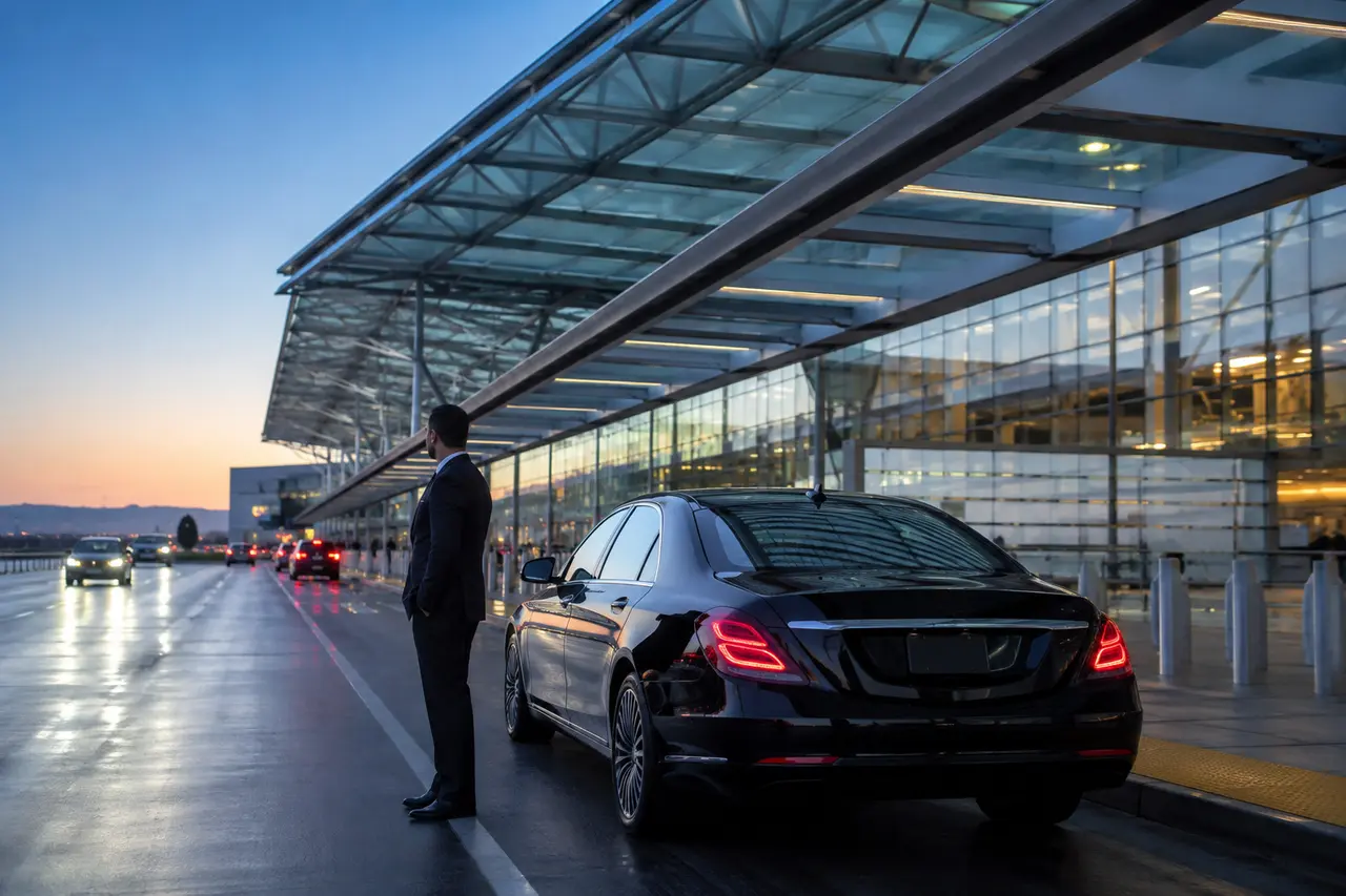 Chauffeur opening a black sedan at a Bay Area airport terminal at blue hour