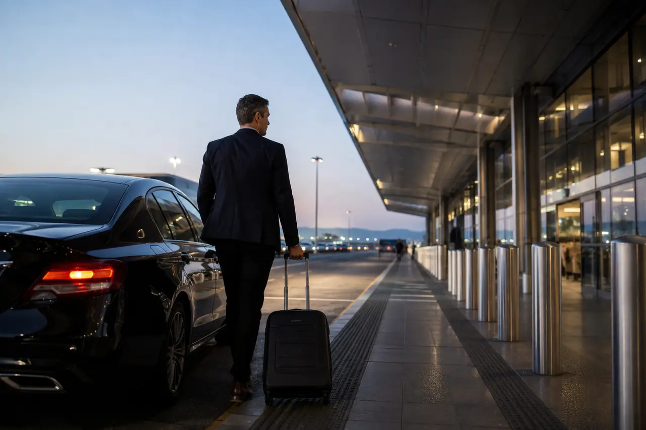 Business traveler leaving an executive sedan at an airport terminal at dusk