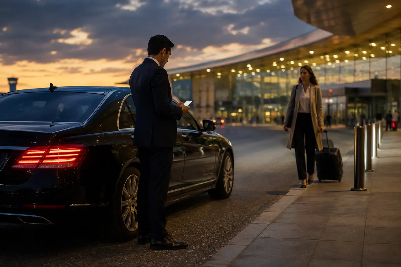 Chauffeur coordinating a discreet curbside airport pickup at dusk