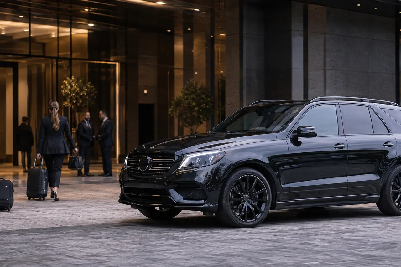 Executive SUV outside a modern conference hotel with business travelers arriving