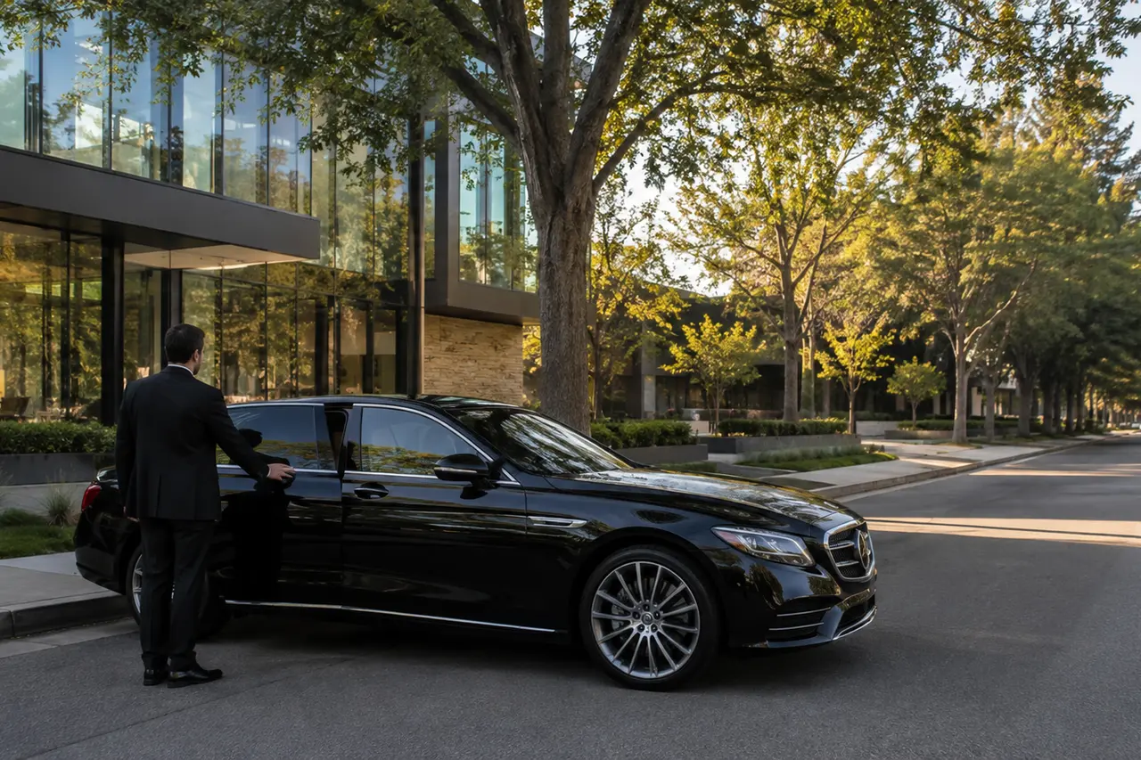 Executive sedan on a tree-lined Menlo Park office boulevard