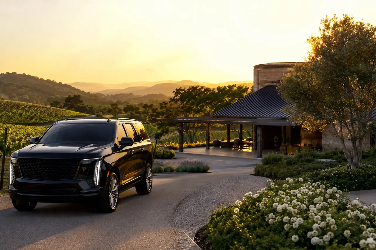 Black luxury SUV arriving at a Napa Valley vineyard estate at golden hour