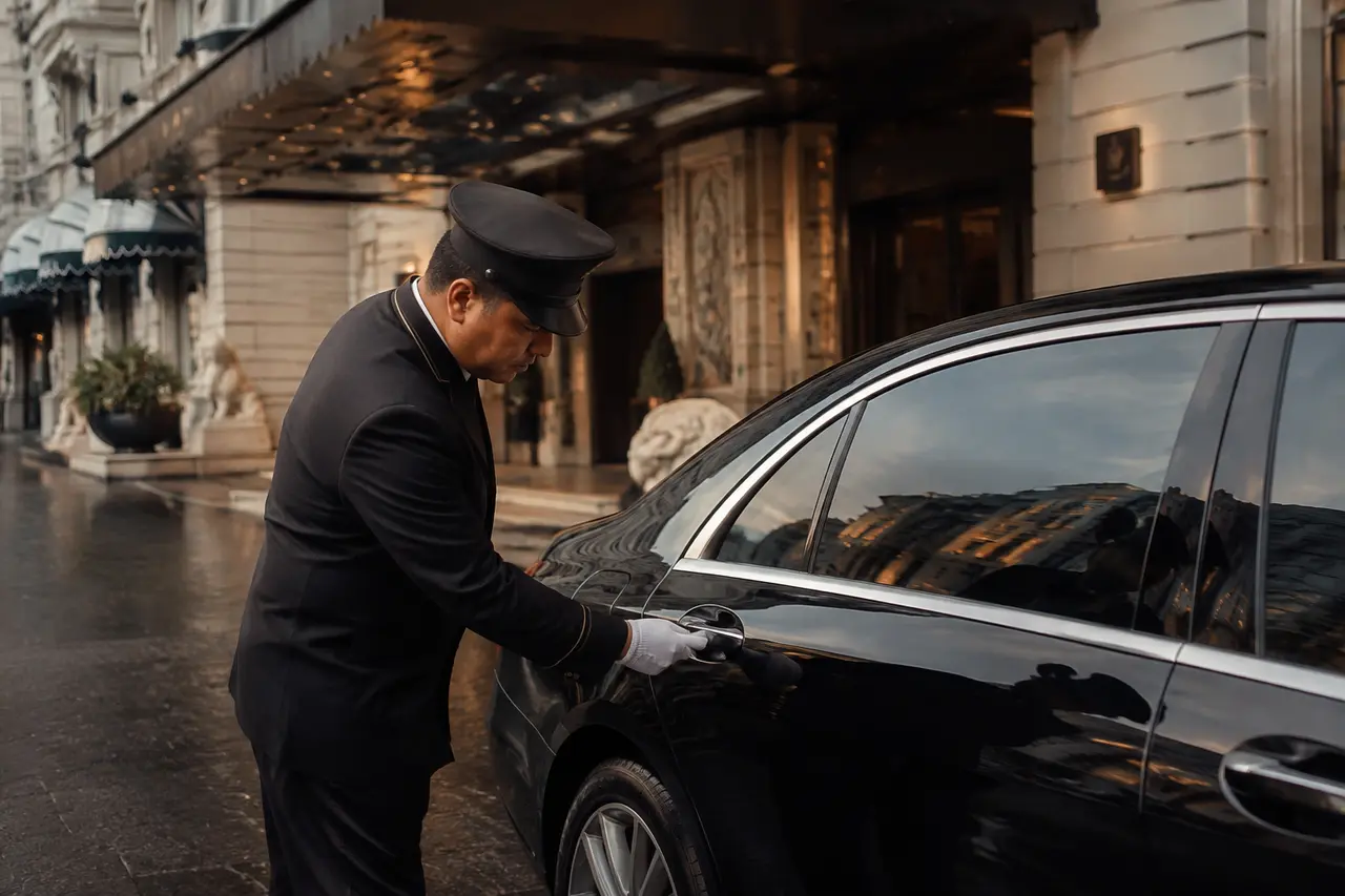 Uniformed chauffeur preparing a black executive sedan outside a refined hotel at dawn