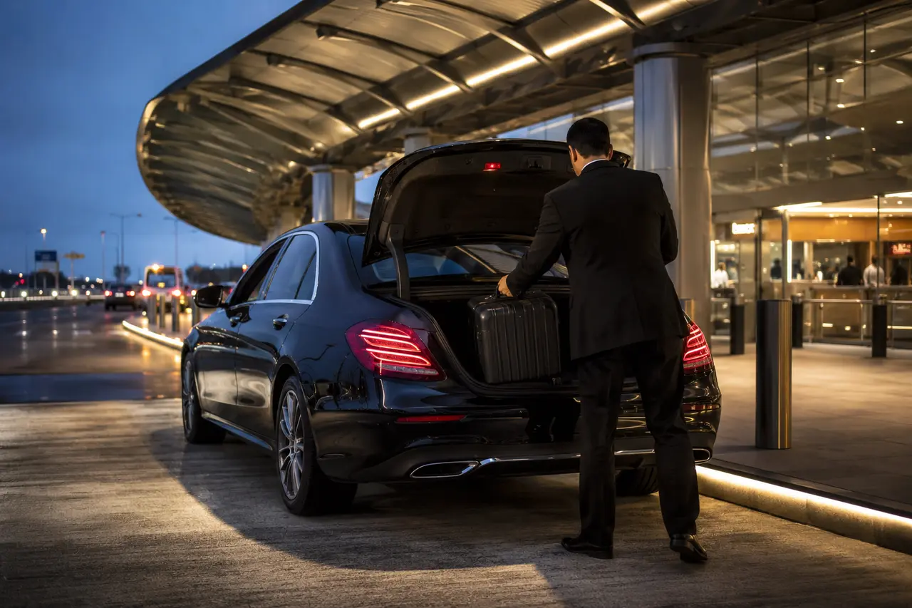 Chauffeur loading luggage into a black sedan beneath an airport terminal canopy