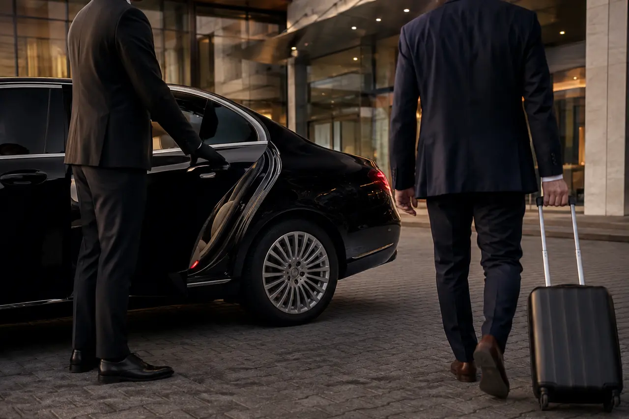 Chauffeur opening a black sedan for a business traveler outside an executive hotel