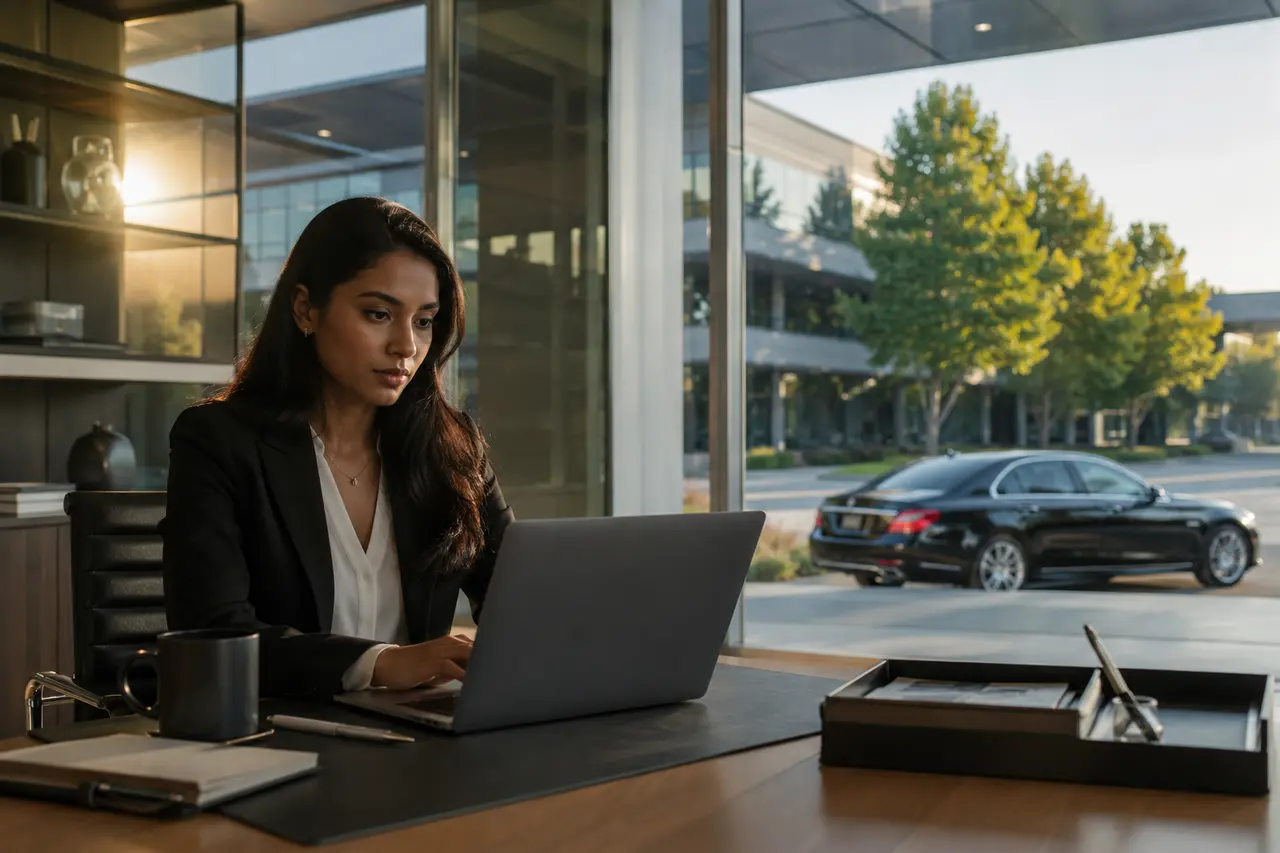 Executive assistant reviewing an itinerary while a black sedan waits outside a corporate campus