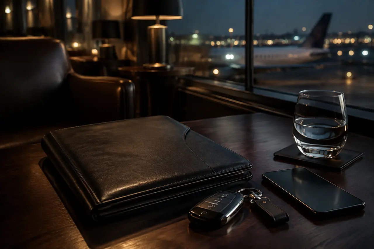 Leather reservation folder, car keys and phone on a desk overlooking an airport lounge