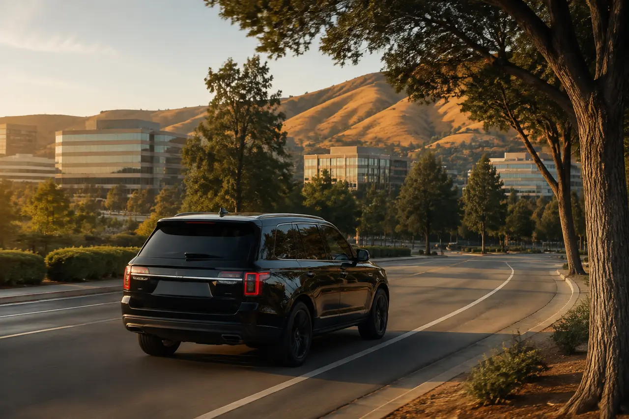 Black luxury SUV traveling through a tree-lined Peninsula office district at golden hour