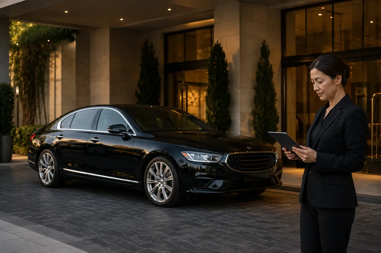 Executive travel coordinator reviewing a route brief beside a black sedan at a hotel