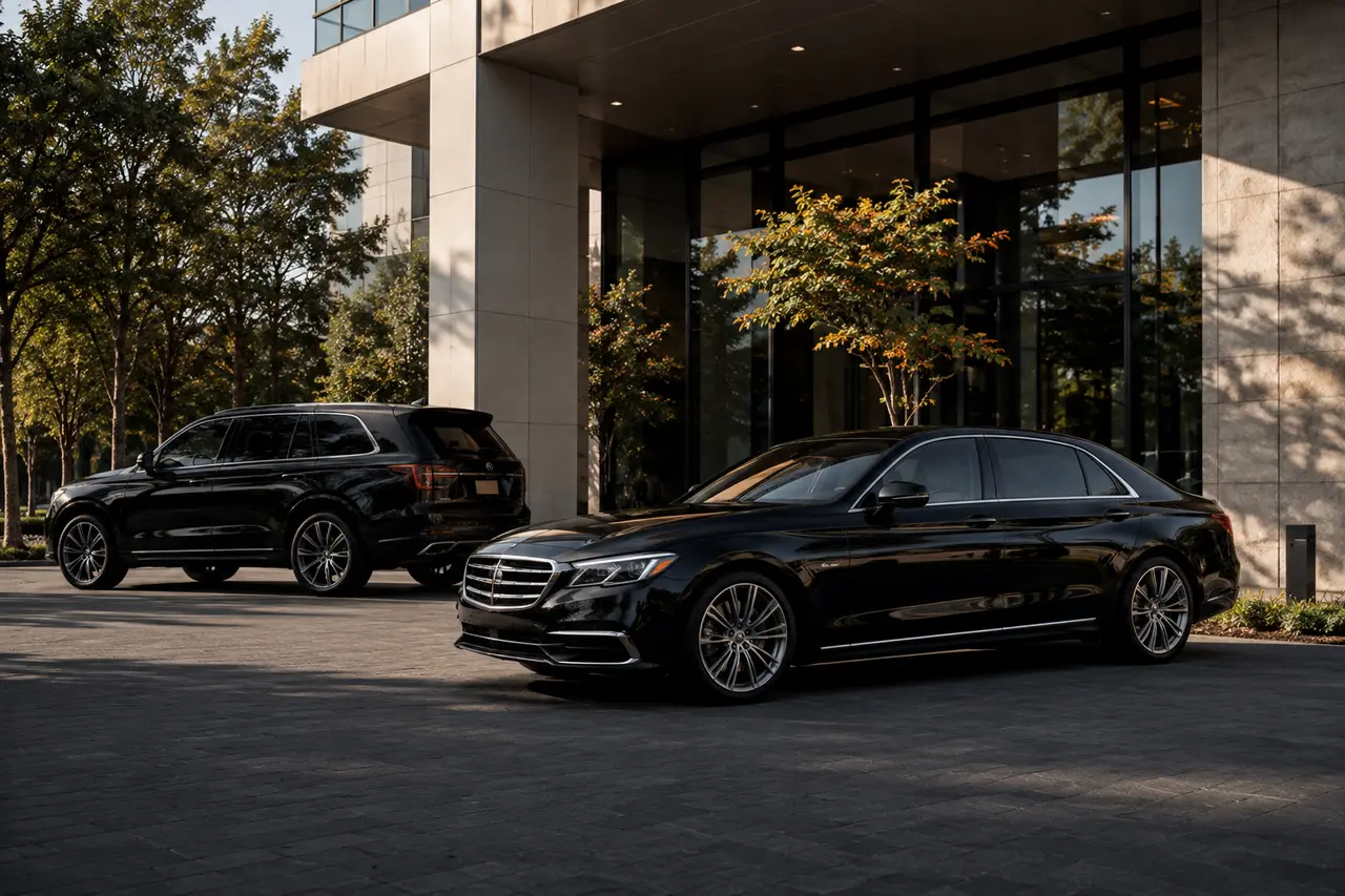 Executive sedan and luxury SUV staged outside a modern Silicon Valley business campus
