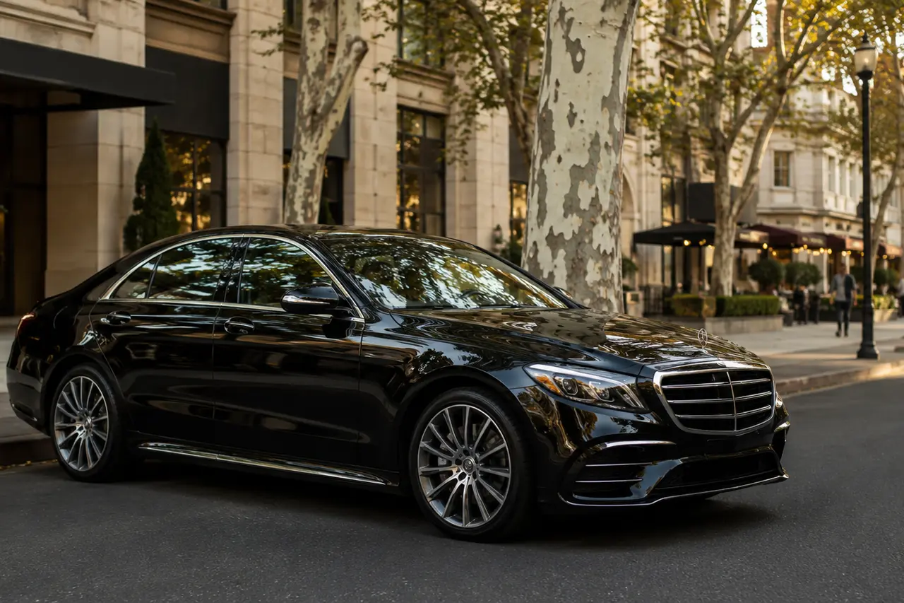 Black executive sedan on a tree-lined Palo Alto hotel and office street