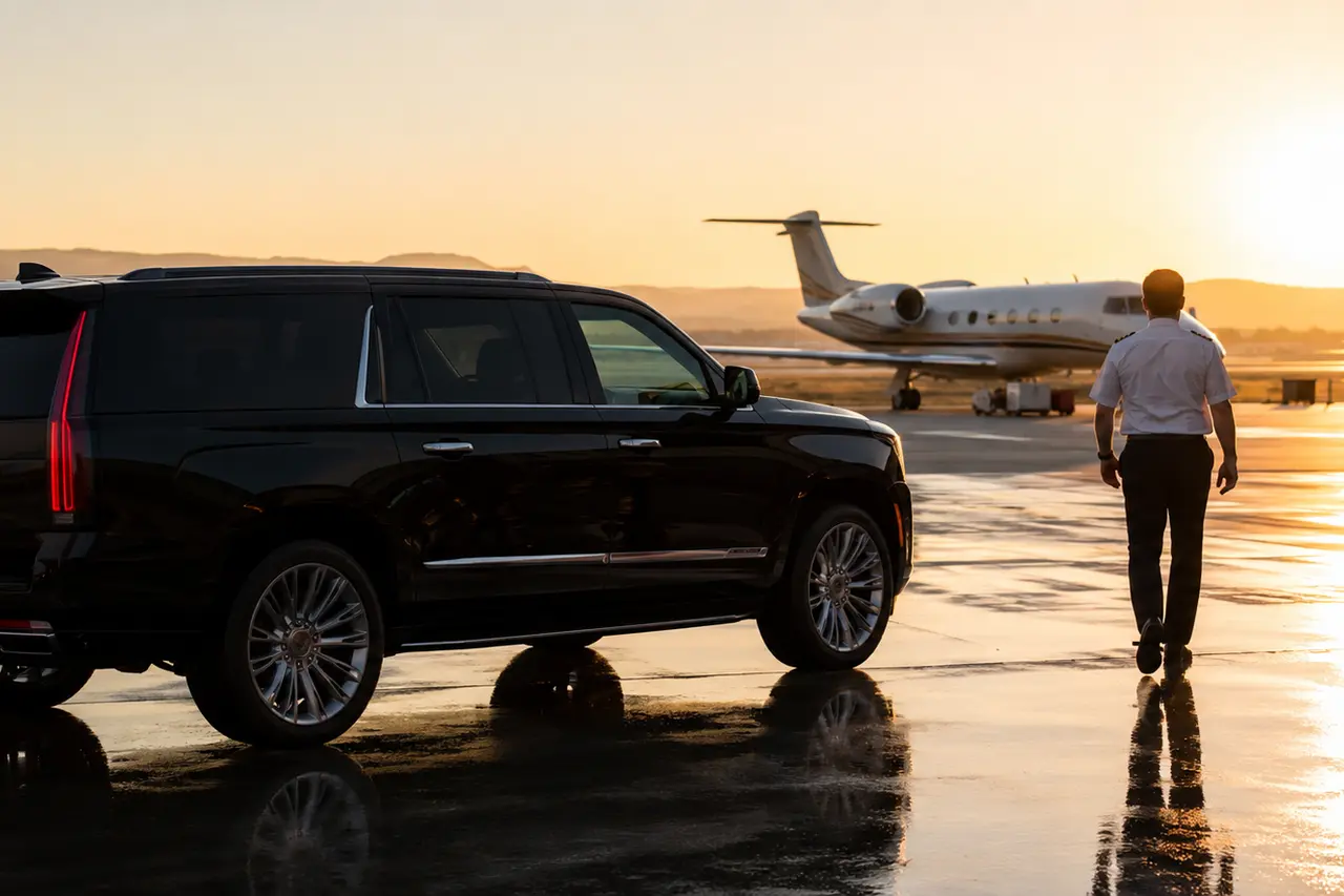 Luxury SUV beside a private jet at a quiet FBO apron