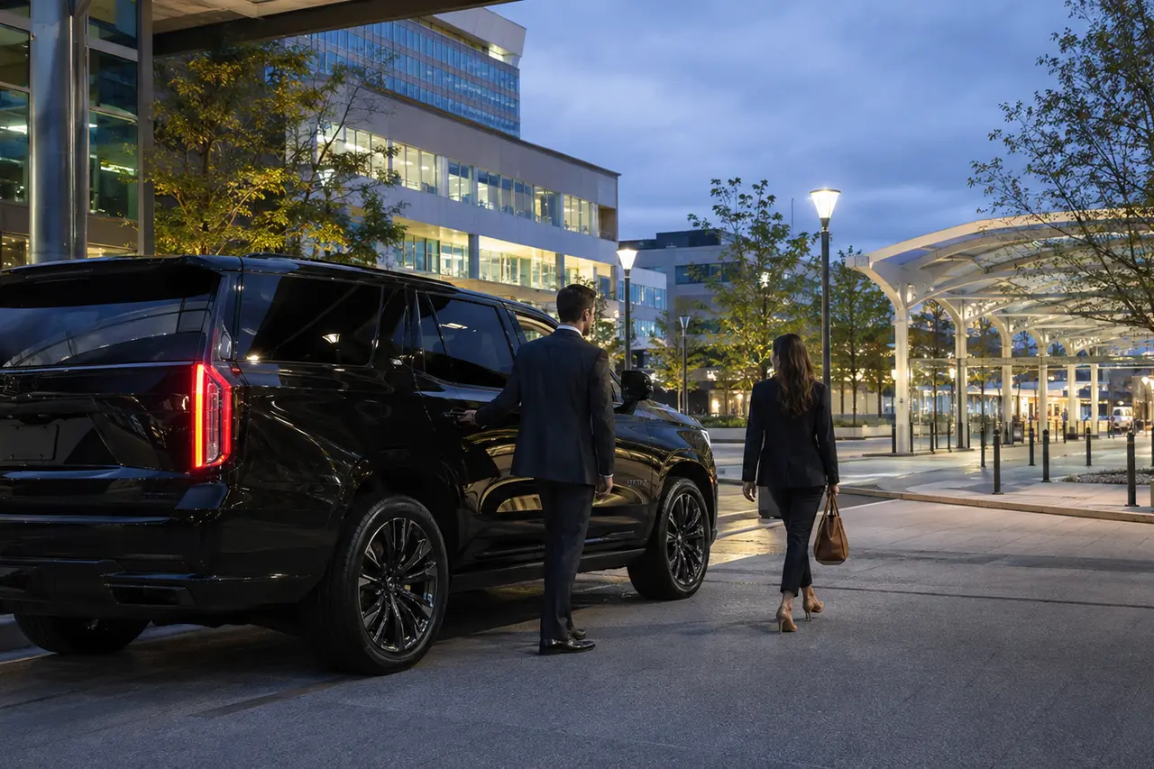 Executive SUV waiting in a modern Redwood City office and transit district