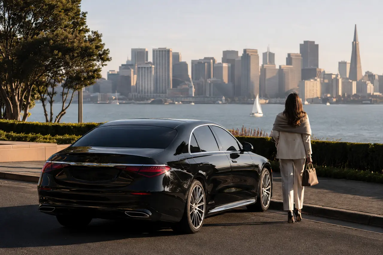 Black executive sedan beside the San Francisco Bay with the city skyline beyond