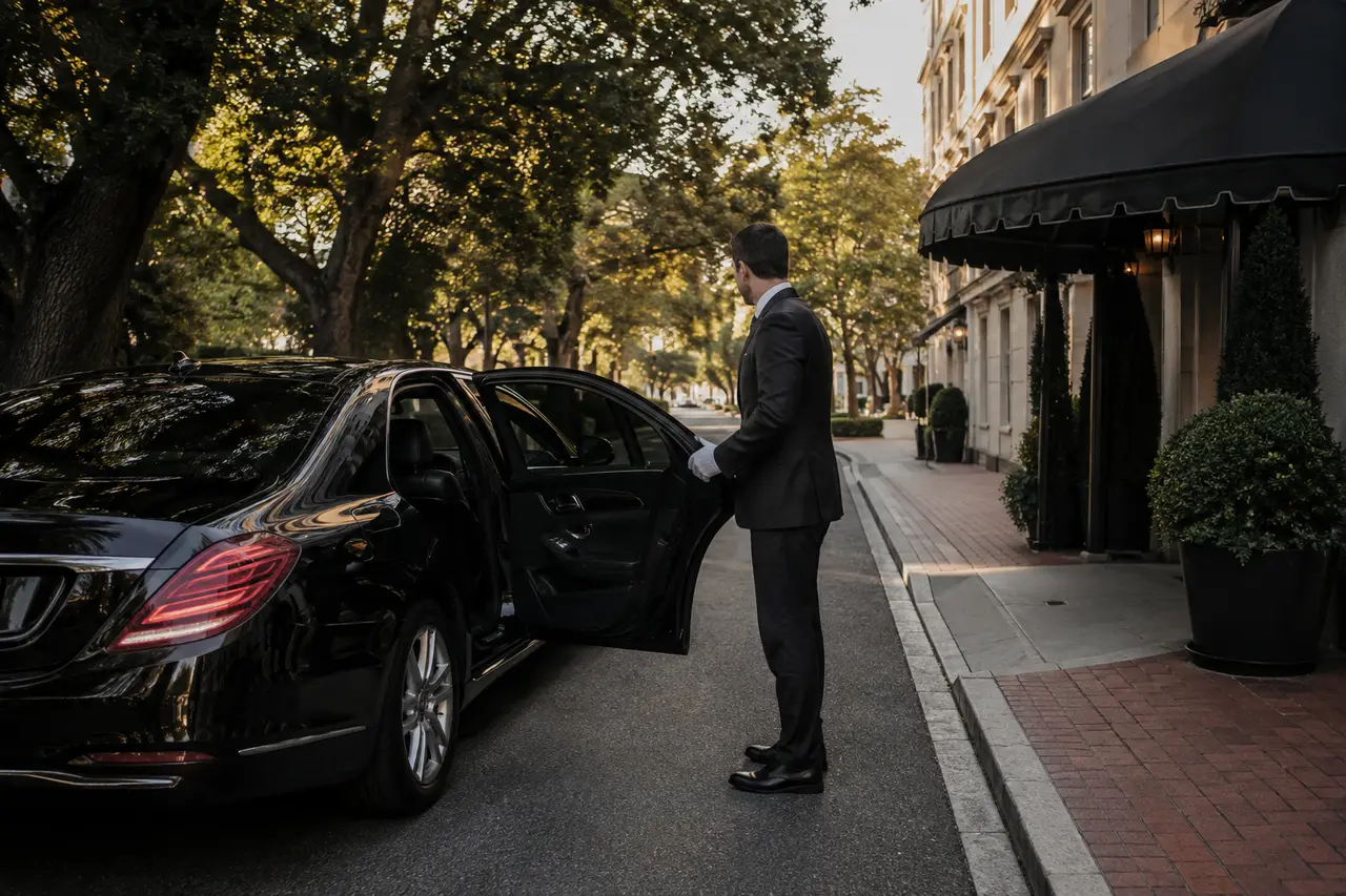 Chauffeur opening an executive sedan outside an upscale hotel for a point-to-point ride