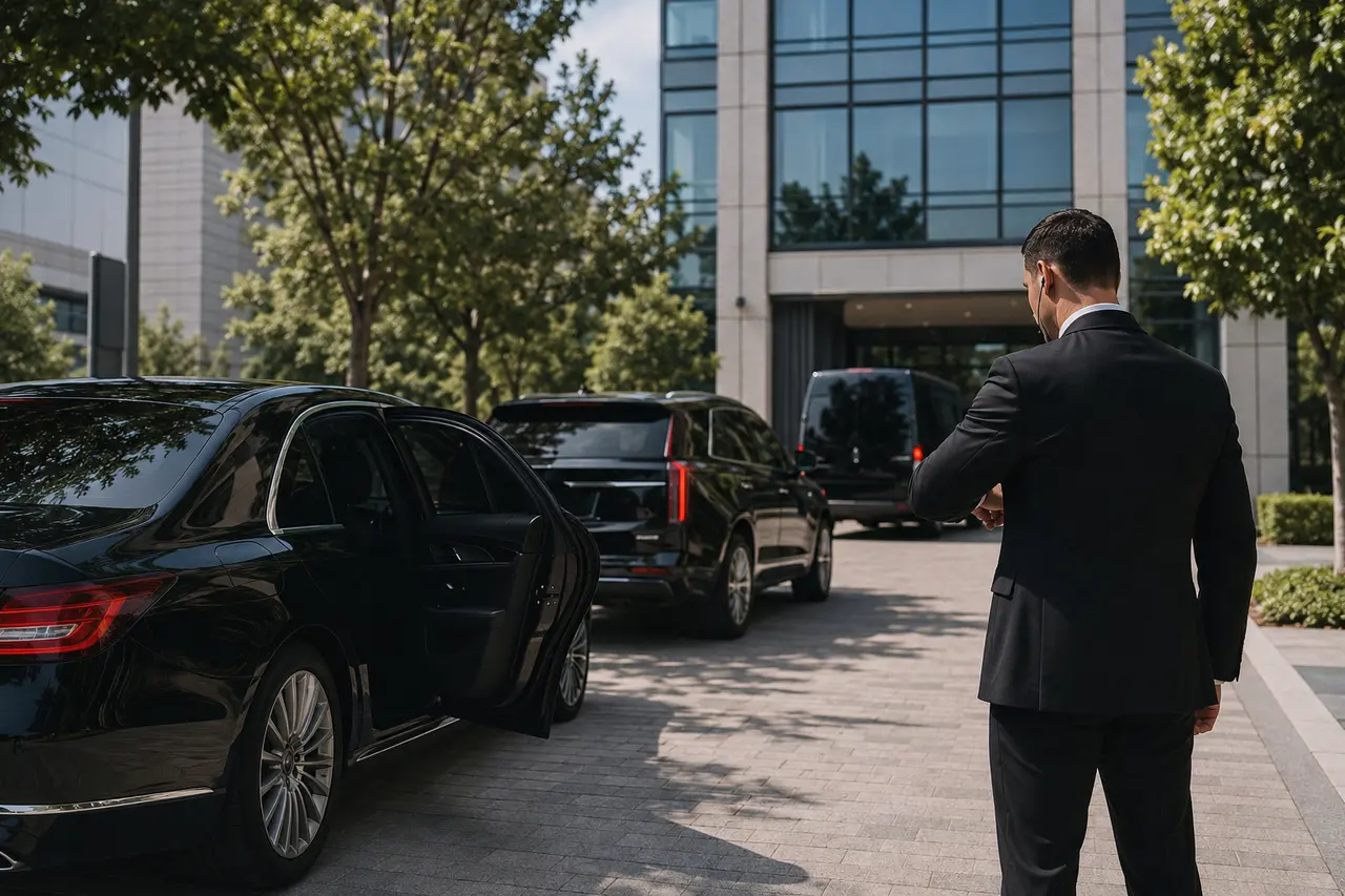 Chauffeur coordinating a sedan, SUV and van outside a Silicon Valley office campus