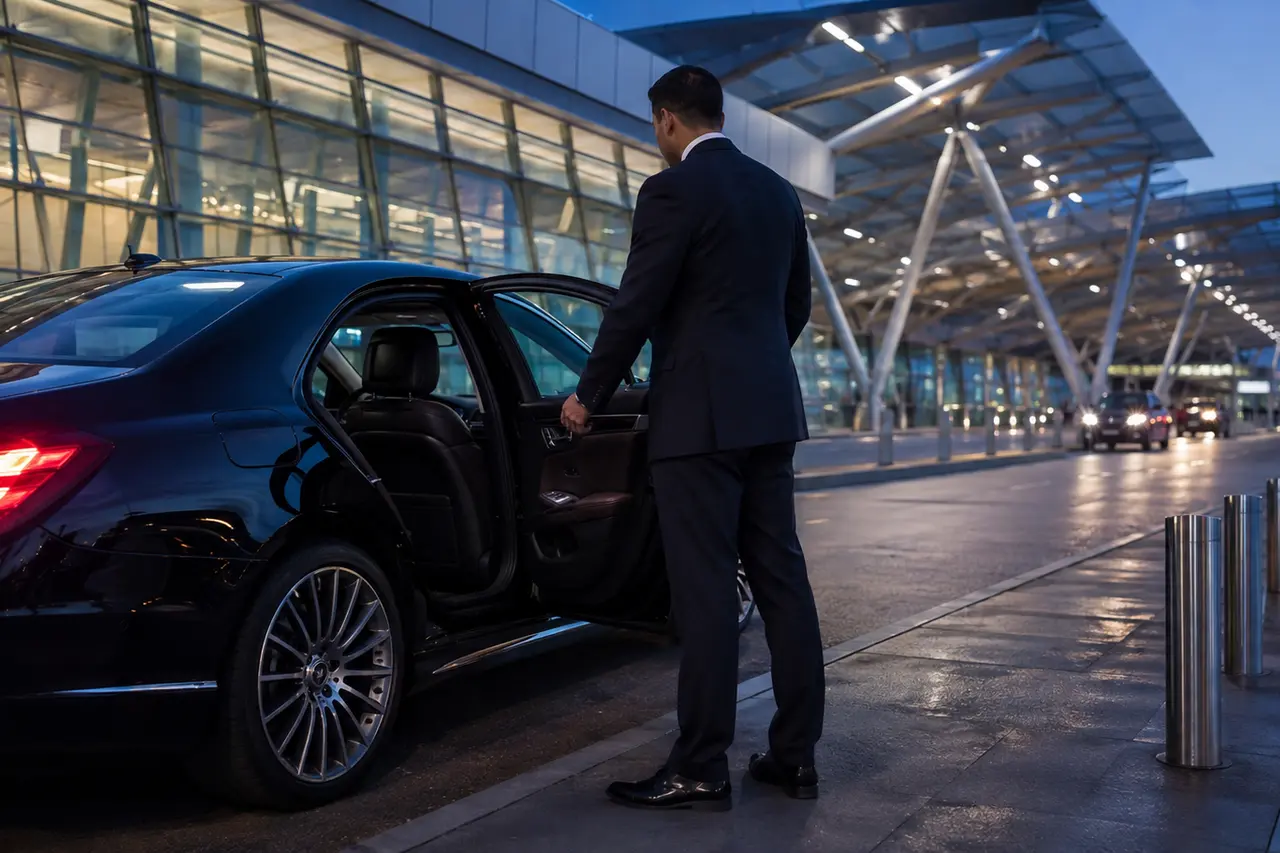 Chauffeur opening a black sedan at a modern Bay Area airport terminal