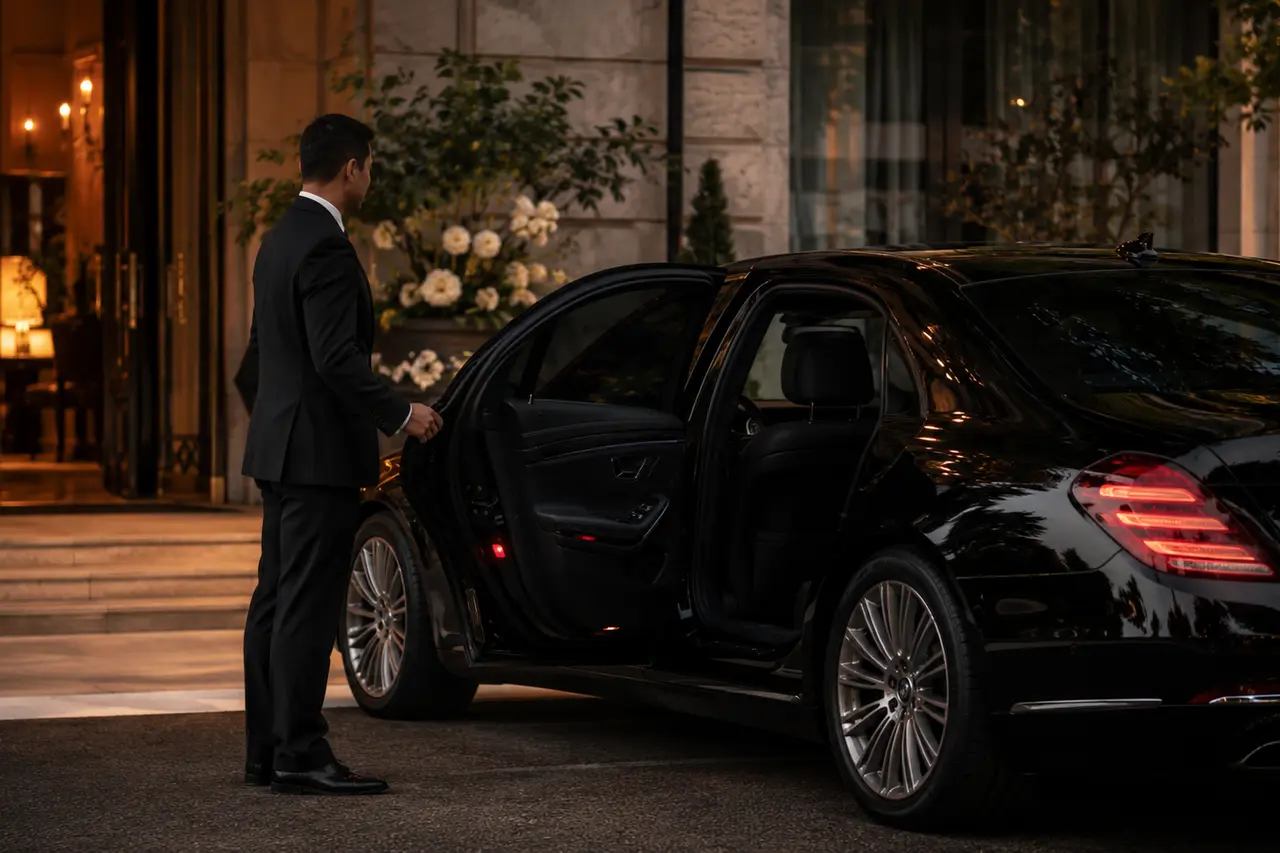 Chauffeur opening a black sedan at an elegant hotel entrance