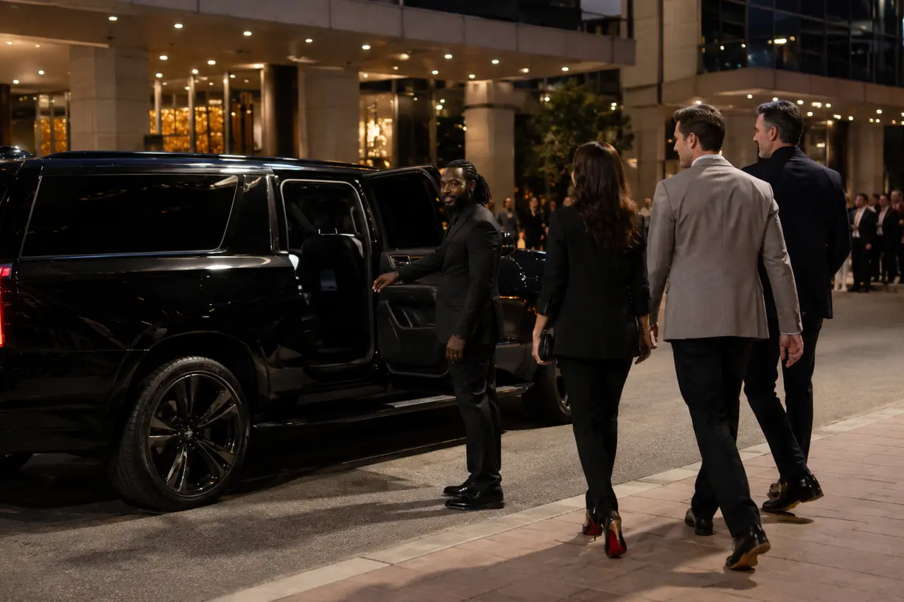 Luxury SUV and chauffeur welcoming guests at an evening event venue