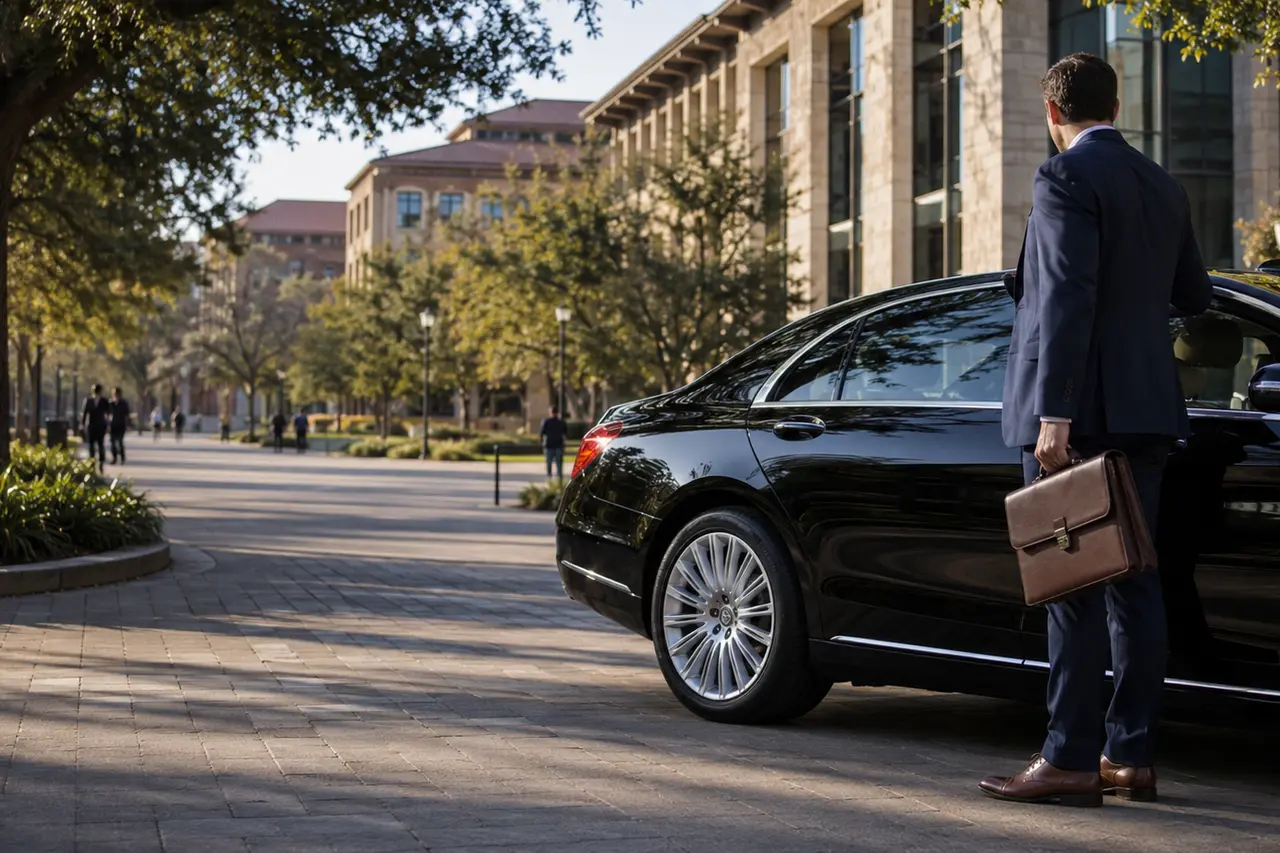 Executive sedan beside a landscaped Stanford-area academic walkway